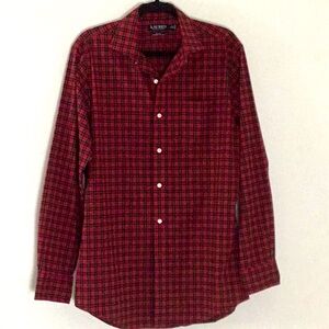 Ralph Lauren, Black Label, Button Down Cotton Red Plaid Shirt Pocket. Academia